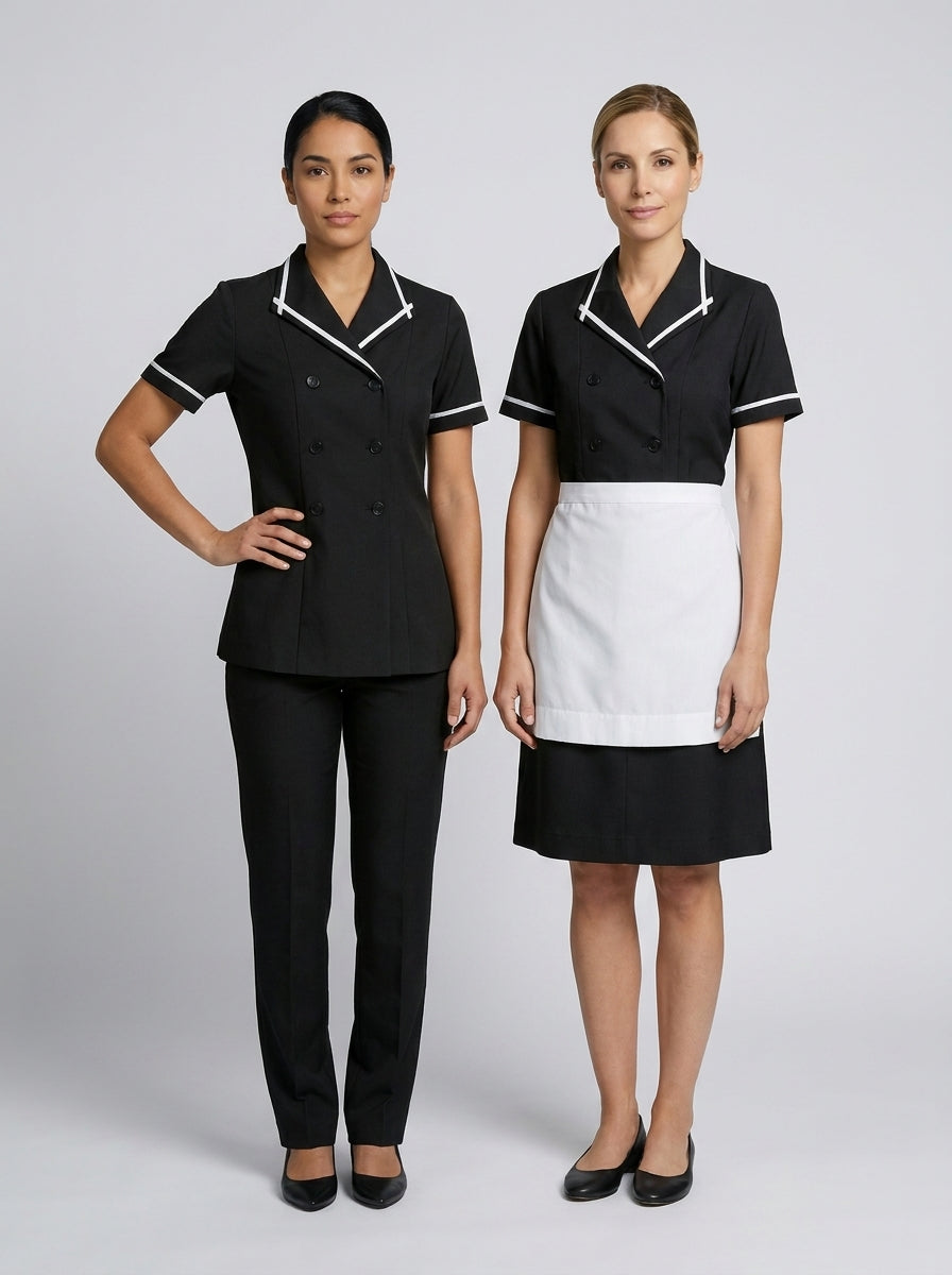 Dos damas con blusa negra cruzada de vivo blanco, una con pantalón y otra con mandil y falda, para camarista de hotel.