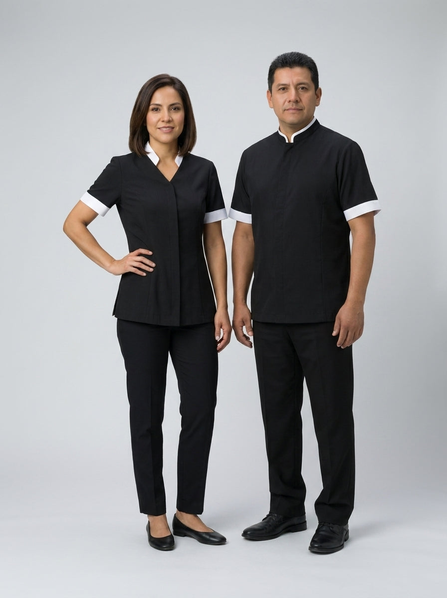 Dama con blusa negra de cuello blanco y caballero con camisa negra de cuello mao blanco para camarista y mozo de hotel.
