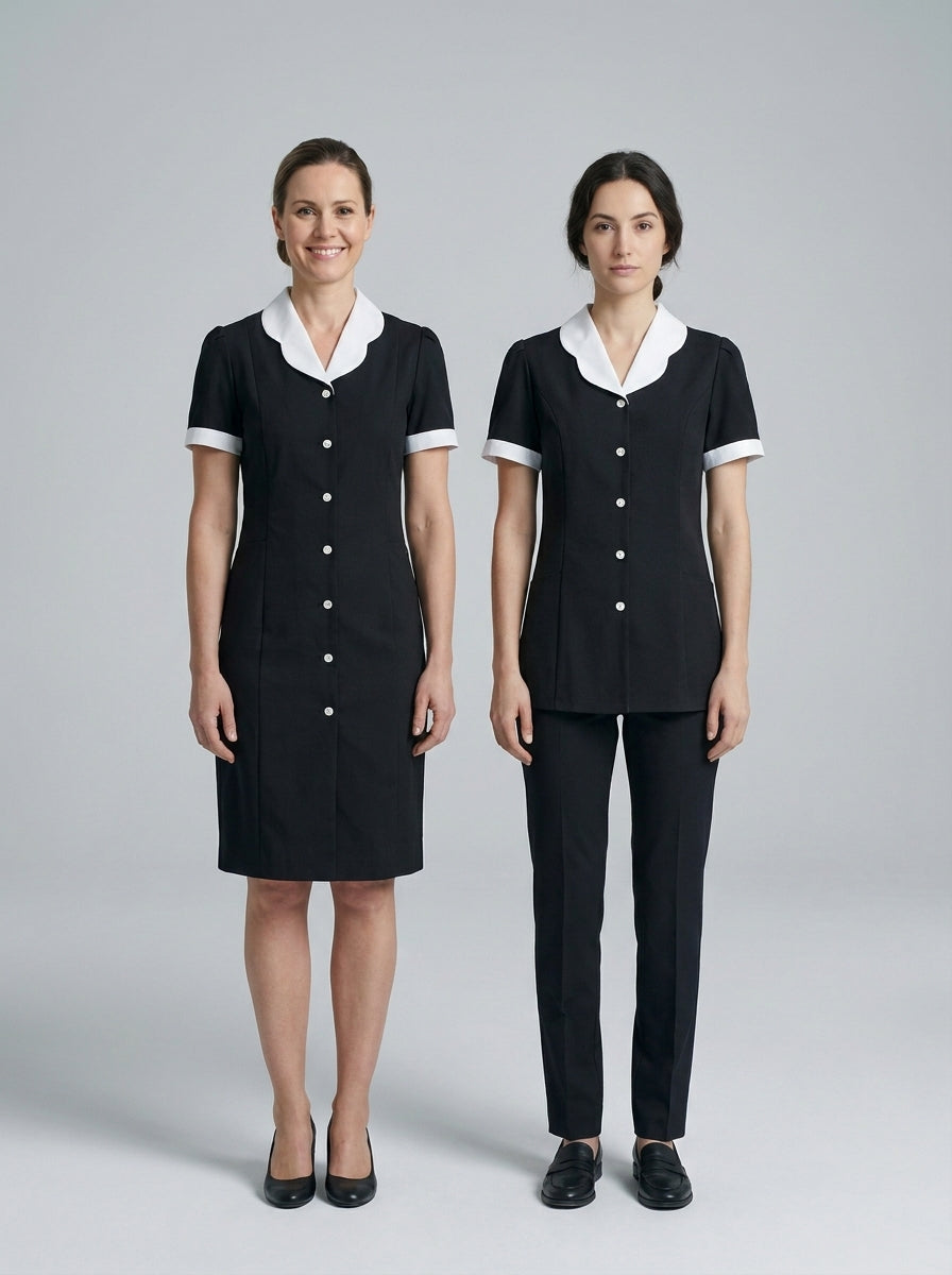 Dos damas con uniforme negro de cuello blanco festoneado, una con vestido y otra con blusa y pantalón, para camarista de hotel.