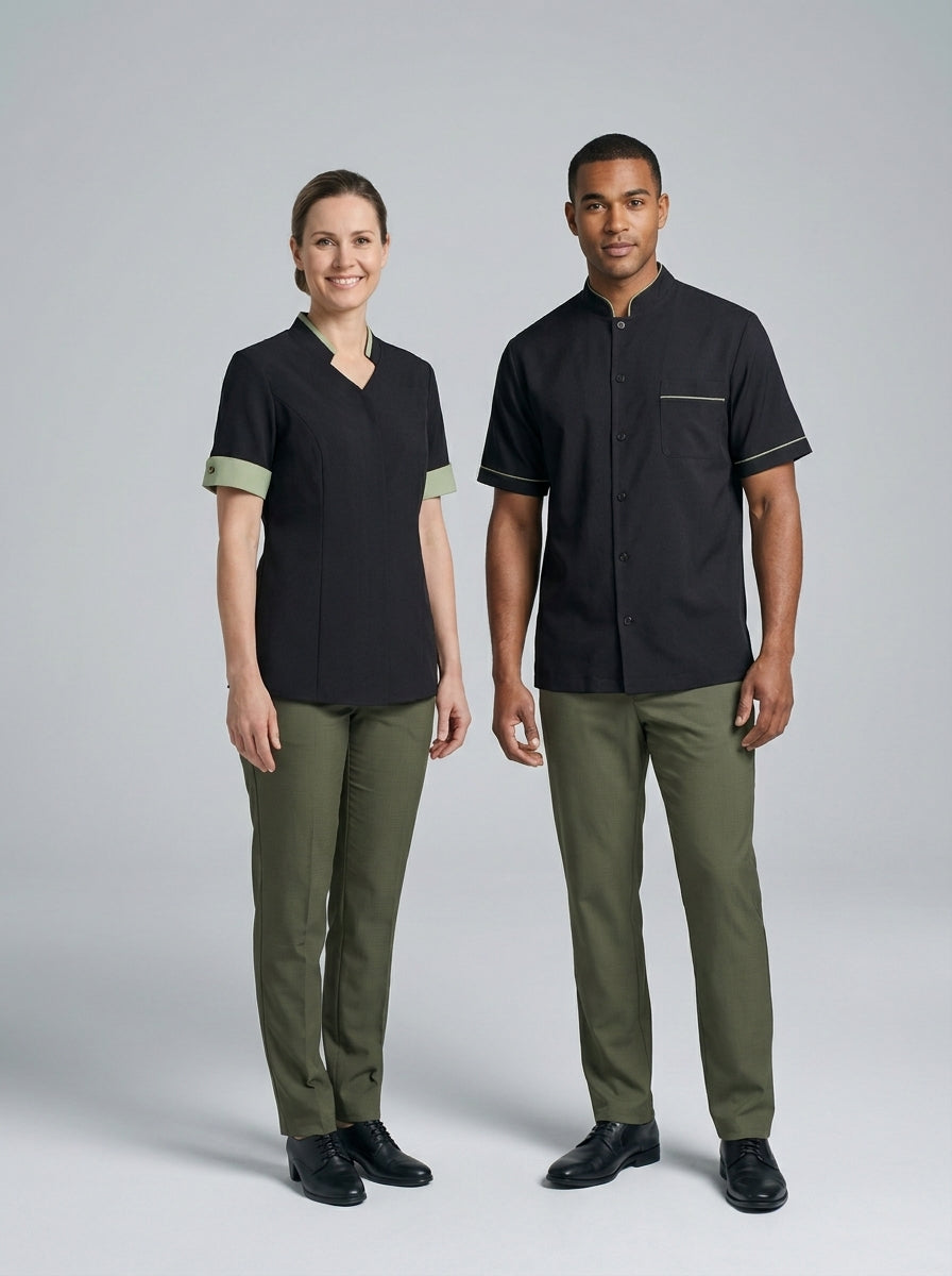 Dama con blusa negra de vivo verde olivo y caballero con camisa negra de cuello mao para camarista y mozo de hotel.