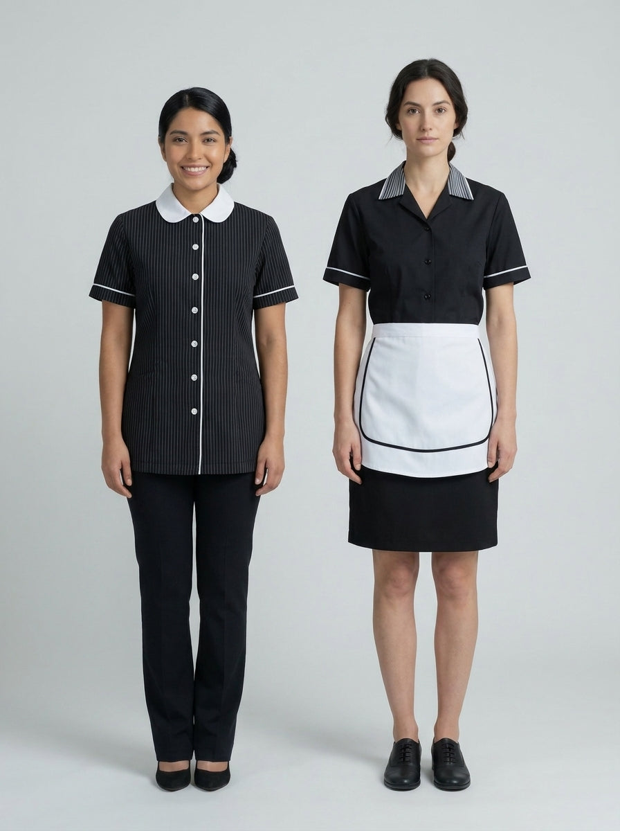 Dos damas con uniforme negro de cuello blanco, una a rayas con pantalón y otra con mandil y falda, para camarista de hotel.