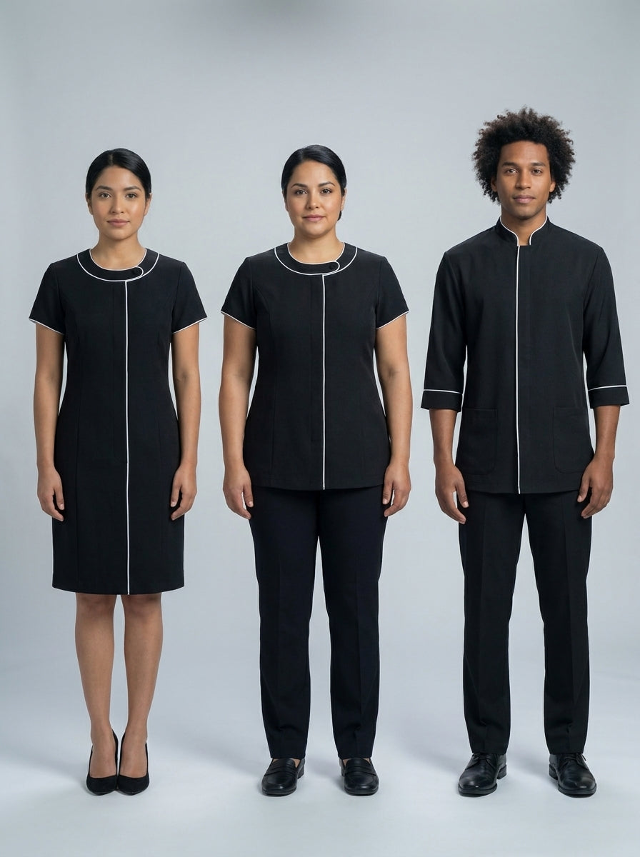 Dos damas con vestido y blusa negra de vivo blanco y caballero con casaca negra de cuello mao para camarista y mozo de hotel.