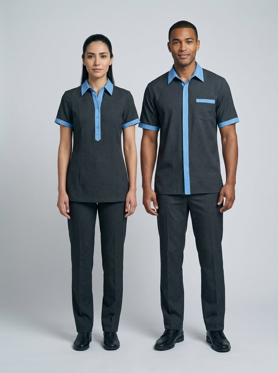 Dama con blusa negra de franja mostaza y caballero con camisa negra de cuello mao mostaza para camarista y mozo de hotel.