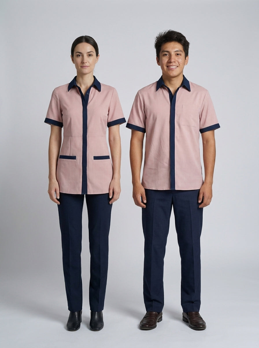 Dama con blusa rosa de cuello azul marino y caballero con camisa rosa de cuello azul marino para camarista y mozo de hotel.