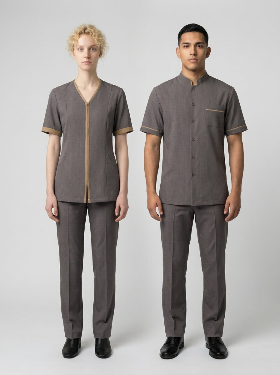 Dama con blusa taupe de cierre y caballero con camisa taupe de cuello mao y vivo caqui para camarista y mozo de hotel.