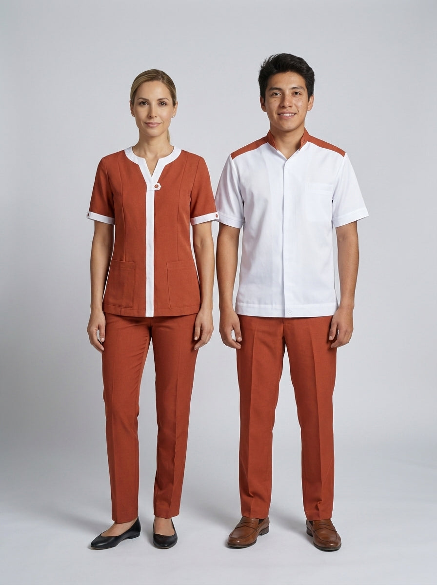 Dama con blusa terracota de placket blanco y caballero con camisa blanca de canesú terracota para camarista y mozo de hotel.