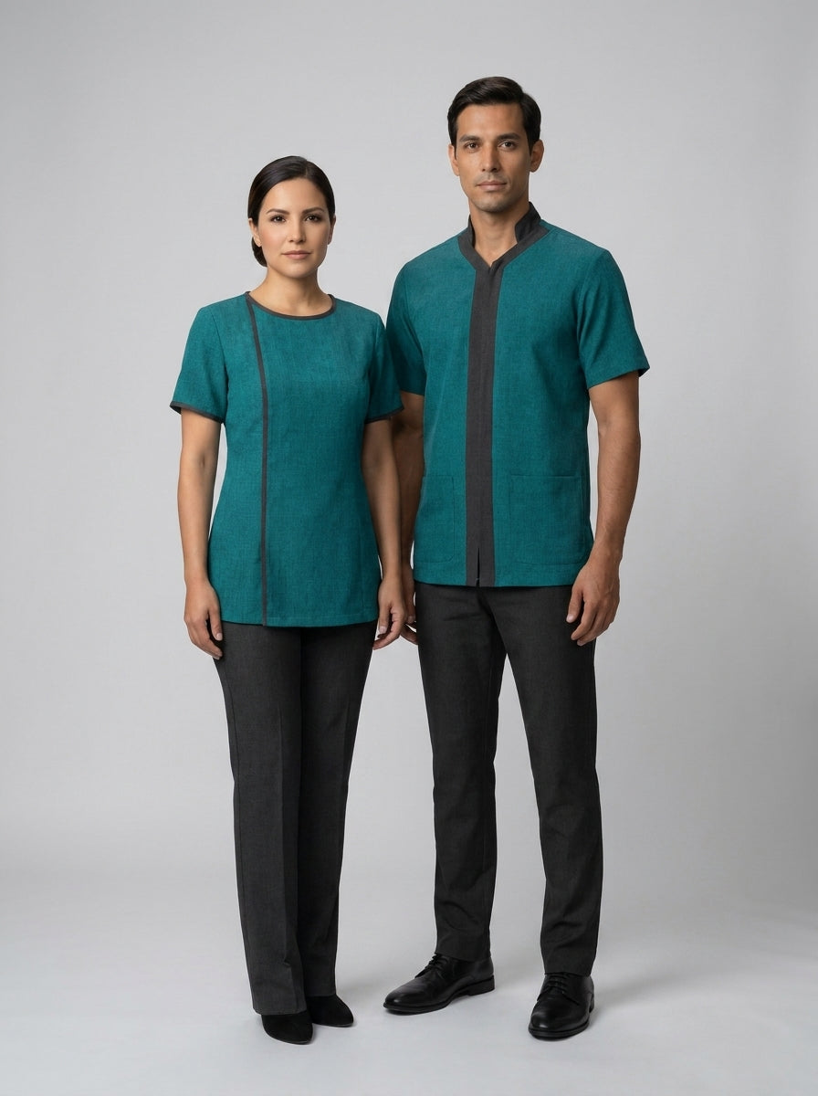 Dama con blusa verde esmeralda de vivo gris y caballero con camisa verde de cuello mao gris para camarista y mozo de hotel.