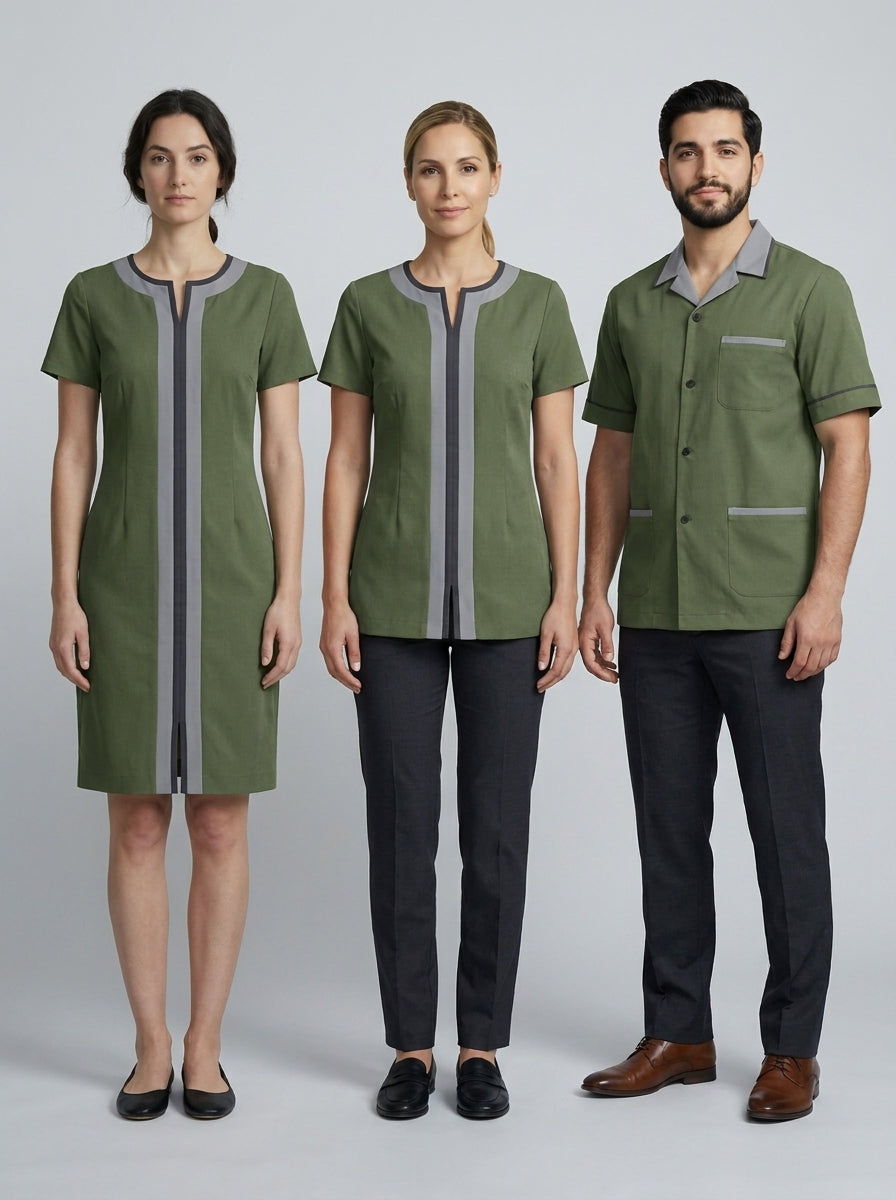 Dos damas con vestido y blusa verde olivo de franja gris y caballero con camisa verde olivo para camarista y mozo de hotel.
