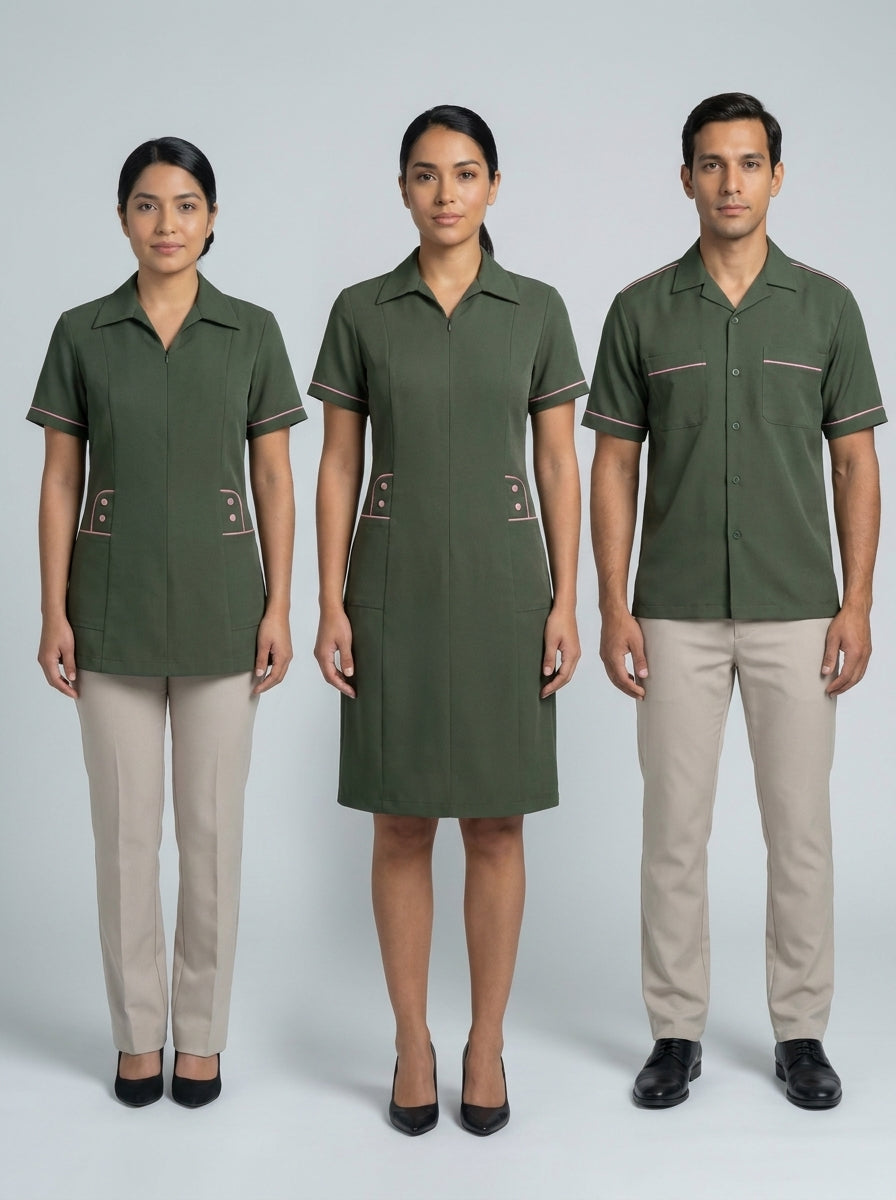 Dos damas con blusa y vestido verde olivo de vivo rosa y caballero con camisa verde olivo para camarista y mozo de hotel.