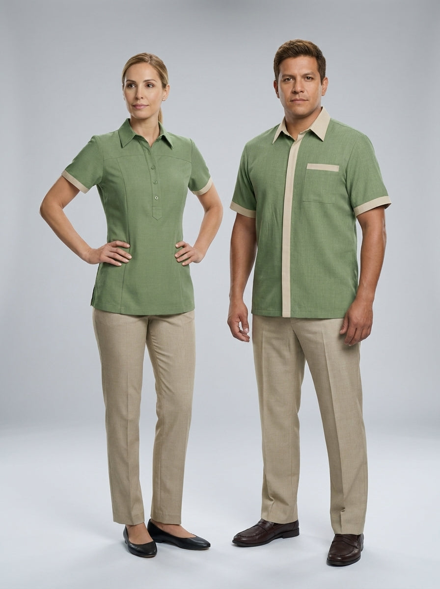 Dama con blusa verde salvia tipo polo y caballero con camisa verde de cuello caqui para camarista y mozo de hotel.