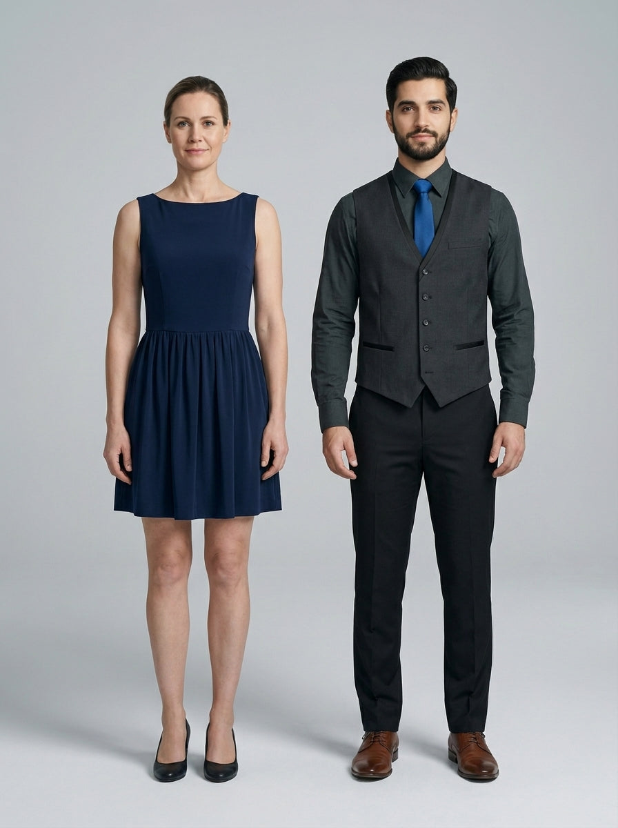 Mujer con vestido azul marino sin mangas y hombre con chaleco gris oscuro y corbata azul.