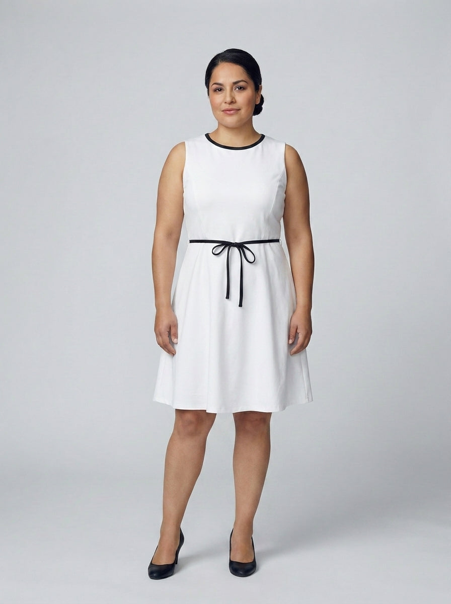 Dama con vestido blanco sin mangas, vivo negro y cinturón de lazo, para anfitriona de resort.