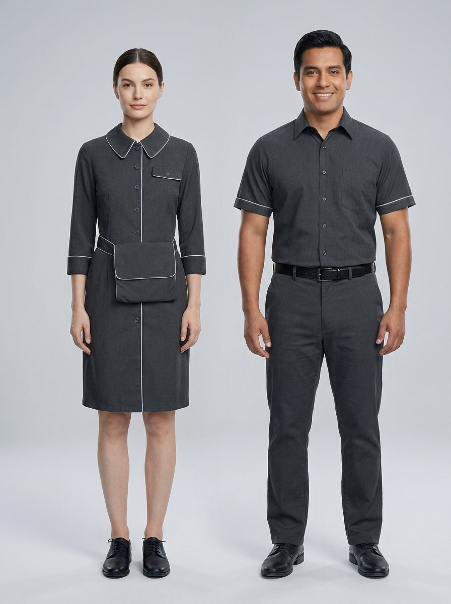 Dama con vestido camisero gris de cuello bobo y vivo blanco y caballero con camisa gris para camarista y mozo de hotel.