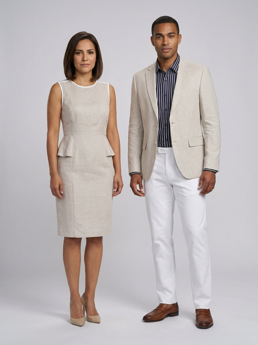 Dama con vestido peplum de lino beige y caballero con blazer beige y pantalón blanco, recepción resort.