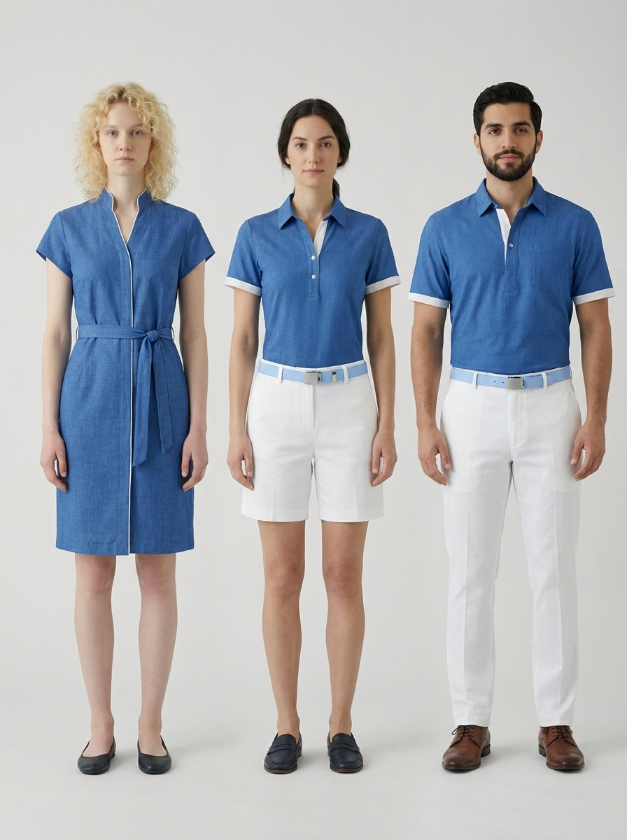 Dama con vestido camisero azul chambray, dama y caballero con polo a juego, para personal de resort.