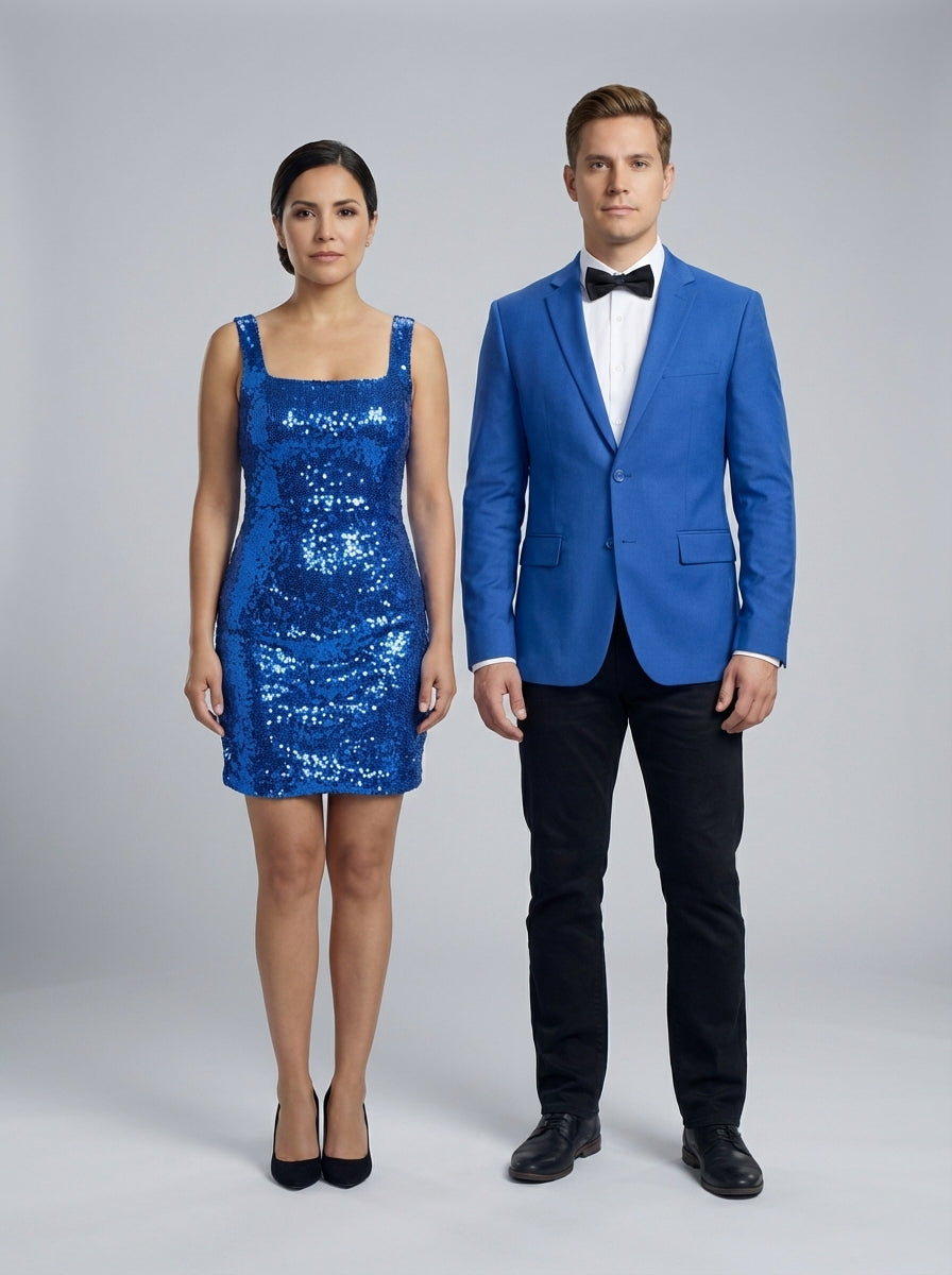 Dama con vestido de lentejuelas azul rey y caballero con saco azul rey para bar de casino.