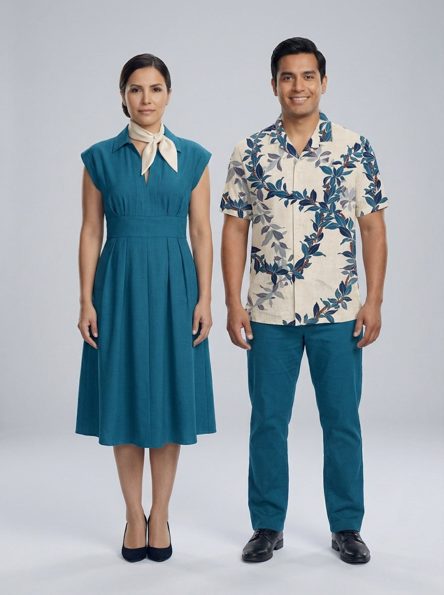 Dama con vestido verde azulado y caballero con camisa tropical de hojas azul y verde, para resort.