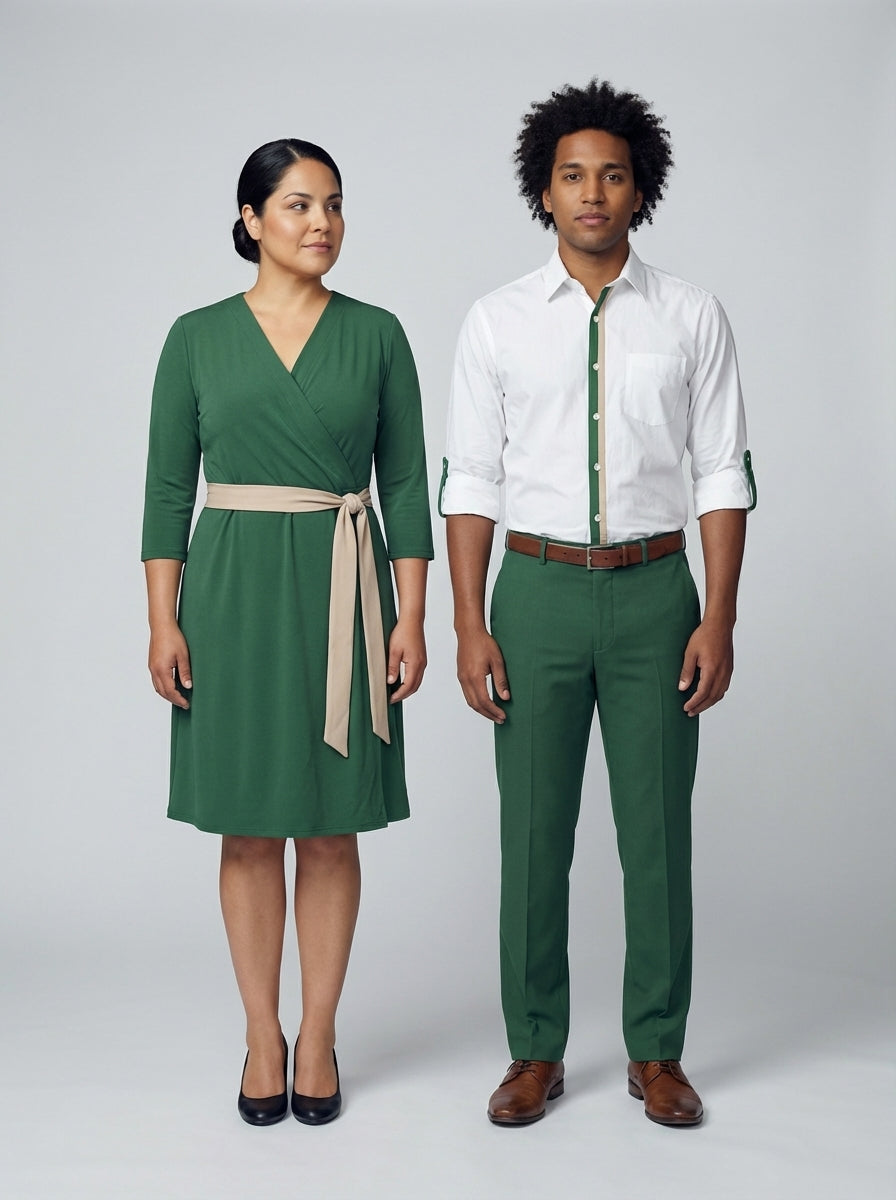 Dama con vestido verde cruzado y caballero con camisa blanca de placket verde para personal de restaurante.