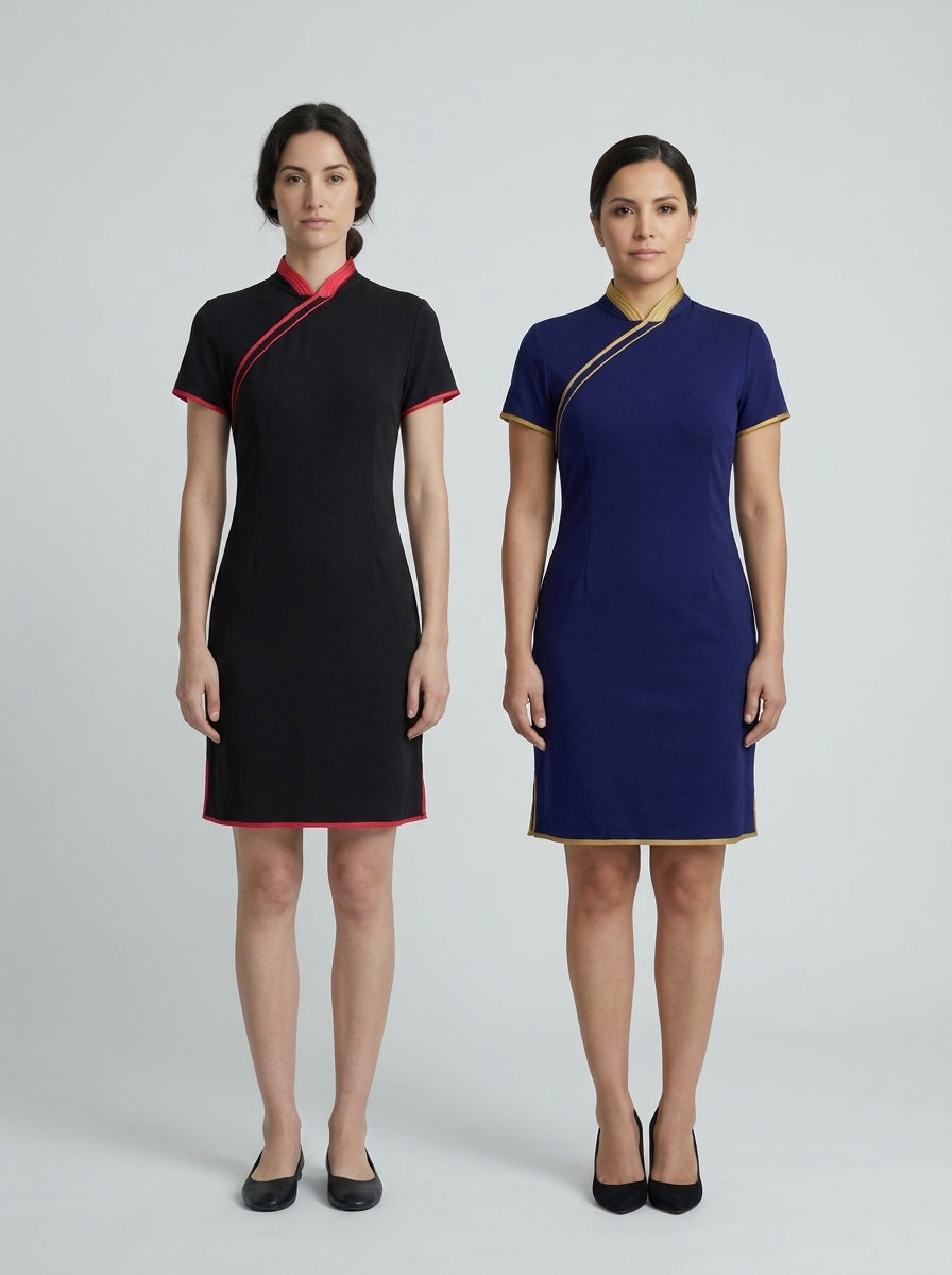 Dos damas con vestido qipao negro y azul marino de cuello mao y ribete de contraste para anfitriona de restaurante asiático.
